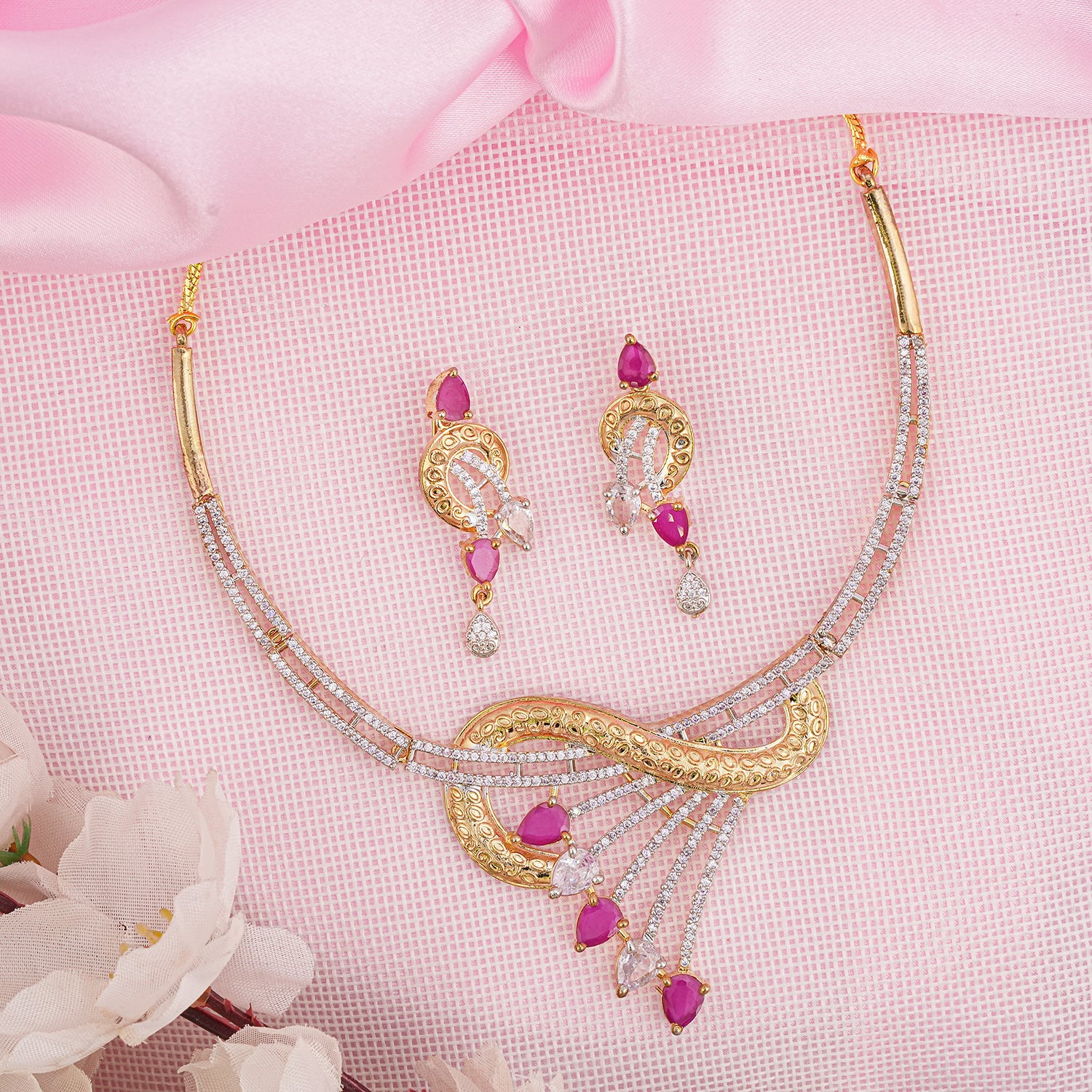 American Diamond Zirconia Ruby Drops Necklace Set